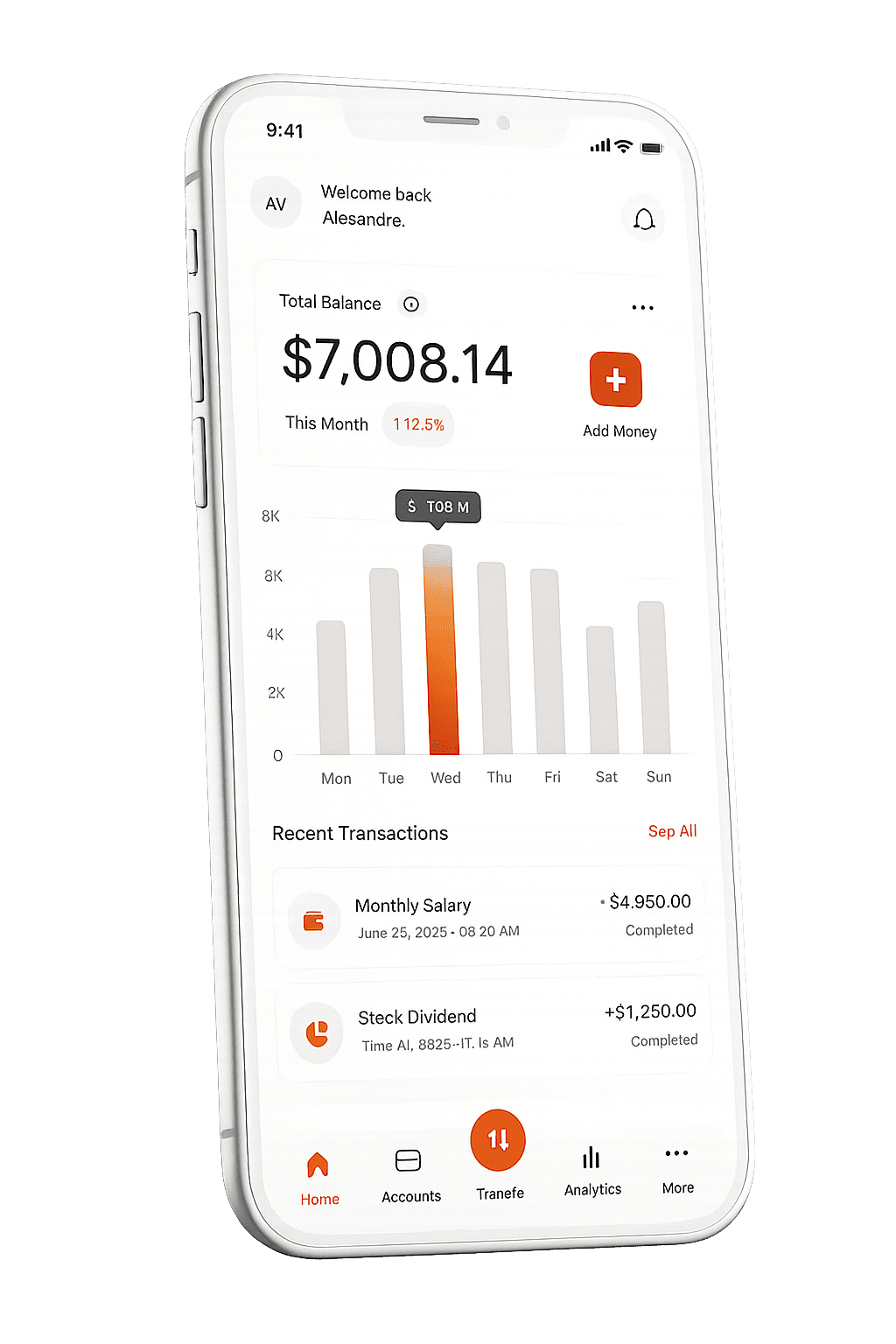 KitBank app showing spending insights and balance